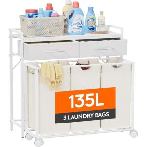 imageLifewit Laundry hamper 3 Section Large Rolling Laundry Sorter with Shelf ampamp 2 Drawers PullOut Laundry Basket Organizer with Wheels and Removable Bag for Laundry Room Bathroom Rustic Brown and BlackWhite