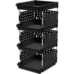 imageLifewit Plastic Stackable Storage Baskets 4 Tier Stacking Bins 138quotD x 118quotW x 283quotH Large Capacity MultiFunctional Containers Shelves for Pantry Playroom Kitchen and Bedroom 1 Pack WhiteBlack