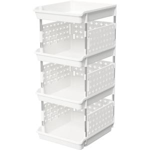 imageLifewit Plastic Stackable Storage Baskets 4 Tier Stacking Bins 138quotD x 118quotW x 283quotH Large Capacity MultiFunctional Containers Shelves for Pantry Playroom Kitchen and Bedroom 1 Pack WhiteWhite
