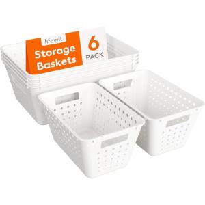 imageLifewit Plastic Storage Basket 7 Pack Stackable Storage Bins for Organizing Multi Size Open Containers for Shelving Pantry Office and Cabinet 5 Large and 2 Small Size BlackWhite