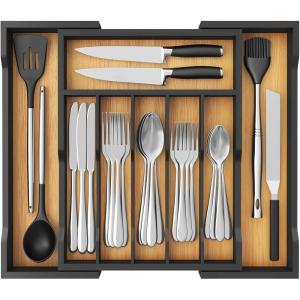 imageLifewit Silverware Drawer Organizer Expandable Utensil Tray for Kitchen Bamboo Flatware and Cutlery Holder Wood Adjustable Storage for Spoons Forks Knives Large NaturalNatural  Black