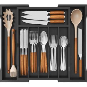 imageLifewit Silverware Drawer Organizer Expandable Utensil Tray for Kitchen Bamboo Flatware and Cutlery Holder Wood Adjustable Storage for Spoons Forks Knives Large NaturalBlack