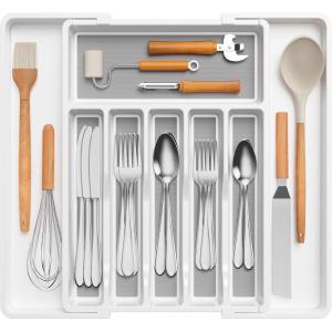 imageLifewit Silverware Drawer Organizer Expandable Utensil Tray with NonSlip TPR Deep Flatware Cutlery Holder Adjustable Plastic Kitchen Storage for Spoons Forks Knives Large Black and GrayWhite and Gray