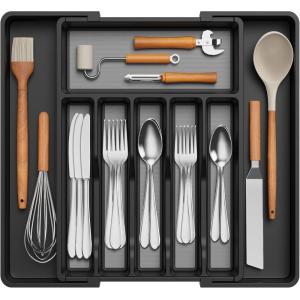 imageLifewit Silverware Drawer Organizer Expandable Utensil Tray with NonSlip TPR Deep Flatware Cutlery Holder Adjustable Plastic Kitchen Storage for Spoons Forks Knives Large Black and GrayBlack and Gray