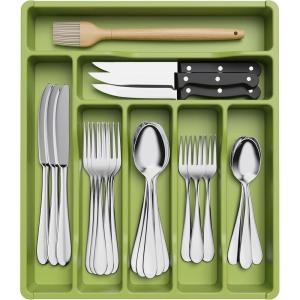 imageLifewit Silverware Drawer Organizer Tray Plastic Cutlery Storage for Kitchen Drawer Flatware and Utensil Holder Divider for Spoons Forks Knives Tableware 5 Compartment BlackGreen