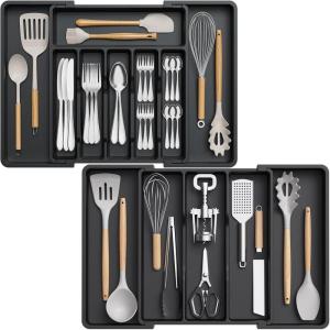 imageLifewit Silverware Drawer Organizer and Utensil Organizer Set Expandable Cooking Cutlery Tray for Kitchen Adjustable Plastic Flatware Holder Storage Divider for Spoons Forks Knives Large BlackBlack