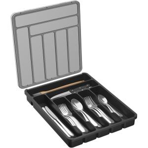 imageLifewit Silverware Organizer with Lid Covered Utensil Tray for Kitchen Drawer and Countertop Plastic Cutlery and Flatware Storage Box for Spoons Forks Knives Holder Case 5 Compartments GrayBlack