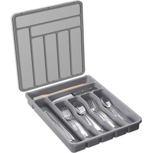 imageLifewit Silverware Organizer with Lid Covered Utensil Tray for Kitchen Drawer and Countertop Plastic Cutlery and Flatware Storage Box for Spoons Forks Knives Holder Case 5 Compartments GrayGray