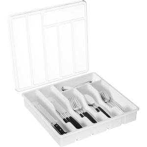 imageLifewit Silverware Organizer with Lid Covered Utensil Tray for Kitchen Drawer and Countertop Plastic Cutlery and Flatware Storage Box for Spoons Forks Knives Holder Case 5 Compartments GrayWhite