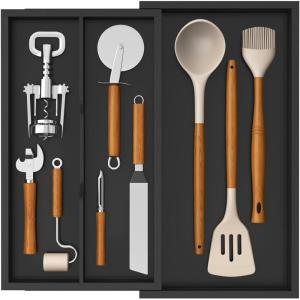 imageLifewit Utensil Organizer for Kitchen Drawer Bamboo Cooking Utensil Tray Expandable Cutlery Silverware Flatware Holder Adjustable Spatula Tools Gadgets Storage Divider Large Natural and BlackBlack
