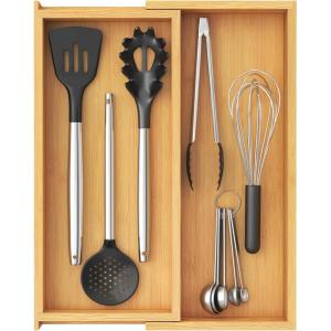 imageLifewit Utensil Organizer for Kitchen Drawer Bamboo Cooking Utensil Tray Expandable Cutlery Silverware Flatware Holder Adjustable Spatula Tools Gadgets Storage Divider Large Natural and BlackNatural