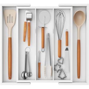 imageLifewit Utensil Organizer for Kitchen Drawer Bamboo Cooking Utensil Tray Expandable Cutlery Silverware Flatware Holder Adjustable Spatula Tools Gadgets Storage Divider Large Natural and BlackWhite