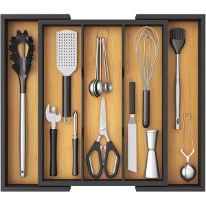 imageLifewit Utensil Organizer for Kitchen Drawer Bamboo Cooking Utensil Tray Expandable Cutlery Silverware Flatware Holder Adjustable Spatula Tools Gadgets Storage Divider Large Natural and BlackNatural  Black