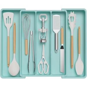 imageLifewit Utensil Organizer for Kitchen Drawers Expandable Cooking Utensil Tray Adjustable Cutlery Silverware Flatware Holder Plastic Kitchen Spatula Tools and Gadgets Storage Divider Large BlackTurquoise