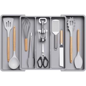 imageLifewit Utensil Organizer for Kitchen Drawers Expandable Cooking Utensil Tray Adjustable Cutlery Silverware Flatware Holder Plastic Kitchen Spatula Tools and Gadgets Storage Divider Large BlackGray