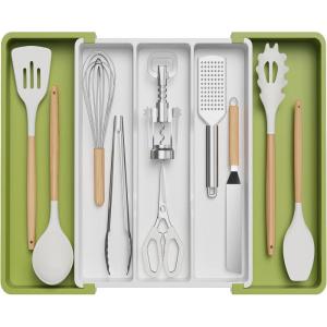 imageLifewit Utensil Organizer for Kitchen Drawers Expandable Cooking Utensil Tray Adjustable Cutlery Silverware Flatware Holder Plastic Kitchen Spatula Tools and Gadgets Storage Divider Large BlackGreenWhite