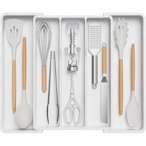 imageLifewit Utensil Organizer for Kitchen Drawers Expandable Cooking Utensil Tray Adjustable Cutlery Silverware Flatware Holder Plastic Kitchen Spatula Tools and Gadgets Storage Divider Large BlackWhite
