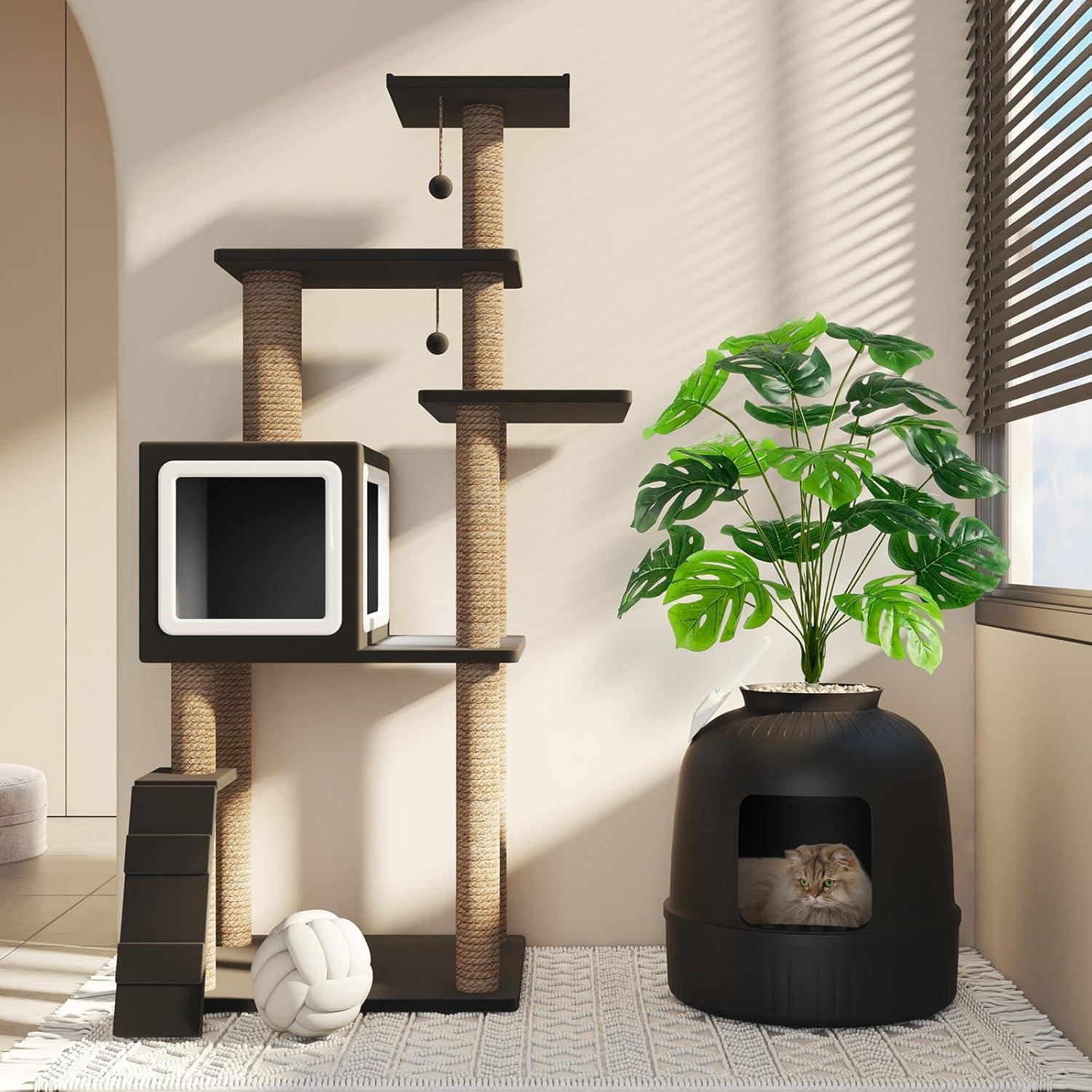 imageLifewit Litter Box Cat with Faux Plant ampamp Scoop Hidden Enclosure Litter Tray with Odor Control ampamp Carbon Filter in Living Room Bedroom Corner BlackBlack