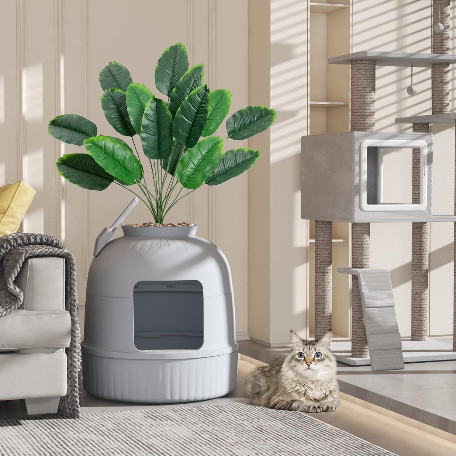 imageLifewit Litter Box Cat with Faux Plant ampamp Scoop Hidden Enclosure Litter Tray with Odor Control ampamp Carbon Filter in Living Room Bedroom Corner BlackGrey
