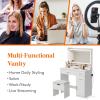 imageLifewit Vanity with Large Mirror and Lights Adjustable ColorBrightness 2 Power Outlets 2 USB Ports White Makeup Desk with Storage Stool 3 Drawers 1 Cabinet 3 Open Storage SpaceLED Light Mirror