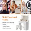 imageLifewit Vanity with Large Mirror and Lights Adjustable ColorBrightness 2 Power Outlets 2 USB Ports White Makeup Desk with Storage Stool 3 Drawers 1 Cabinet 3 Open Storage SpaceBulbs Light Mirror
