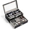 imageLifewit 2 layer Sunglasses Organizer with Glass Lid 6 Slots eyeswear Holder 6 Slots Watch box Spaces for Rings Brooch Tie Clip Multiple Eyeglasses Display Case for Men Gift Idea Inky Black