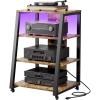 imageLifewit 4 Tier AV Media Stand with Power Outlets Stereo Racks with LED Lights Wheels and Adjustable Shelves for Record Player Rolling Media Console Media Audio Tower Cabinet 35quot Rustic Brown