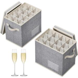 imageLifewit 2 Pcs Champagne Flute Storage Box with Dividers Stackable Cationic Hard Shell Stemware Containers with 12 Cells Foldable Dustproof Glassware Organizer Case for Moving Light Grey2