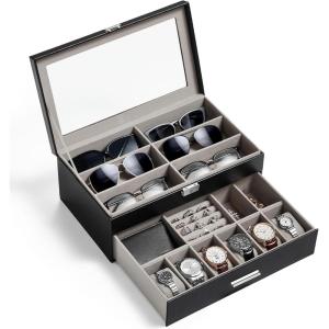 imageLifewit 2 layer Sunglasses Organizer with Glass Lid 6 Slots eyeswear Holder 6 Slots Watch box Spaces for Rings Brooch Tie Clip Multiple Eyeglasses Display Case for Men Gift Idea Inky Black