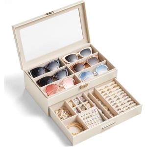 imageLifewit 2layer Jewelry Box for 6 Slots Sunglasses Organizer Storage for Bracelet Necklace ring Multiple Eyeglasses Display Case for Women Girl Gift Idea Creamy White