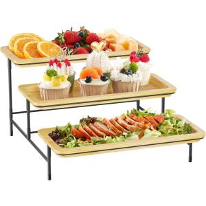 imageLifewit 3 Tier Bamboo Serving Tray for Party Supplies 12quot x 65quot Platters for Serving Food Reusable Trays with Black Metal Display Stand for Veggie Fruit Cookies DessertBlack