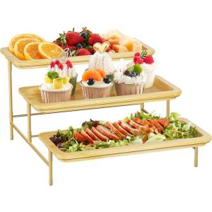 imageLifewit 3 Tier Bamboo Serving Tray for Party Supplies 12quot x 65quot Platters for Serving Food Reusable Trays with Black Metal Display Stand for Veggie Fruit Cookies DessertGold