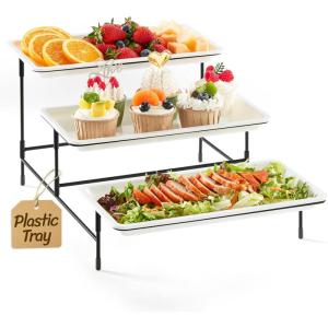 imageLifewit 3 Tier Serving Tray 12quot x 65quot White Plastic Tiered Food Serving Platters Tiered Tray Stand for Party with Black Collapsible Metal Stand Dessert Display Stands for Cookies Crackers12 x 65