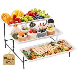 imageLifewit 3 Tier Serving Tray 12quot x 65quot White Plastic Tiered Food Serving Platters Tiered Tray Stand for Party with Black Collapsible Metal Stand Dessert Display Stands for Cookies Crackers14 x 65