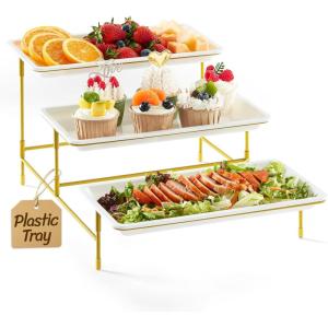 imageLifewit 3 Tier Serving Tray for Party 12quot x 65quot Plastic Tiered Food Serving Platters White Rotatable Tiered Tray Stand with Gold Collapsible Metal Stand Dessert Table Display Set for Buffet12 x 65