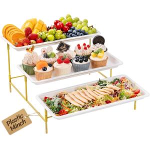 imageLifewit 3 Tier Serving Tray for Party 12quot x 65quot Plastic Tiered Food Serving Platters White Rotatable Tiered Tray Stand with Gold Collapsible Metal Stand Dessert Table Display Set for Buffet14 x 65