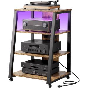 imageLifewit 4 Tier AV Media Stand with Power Outlets Stereo Racks with LED Lights Wheels and Adjustable Shelves for Record Player Rolling Media Console Media Audio Tower Cabinet 35quot Rustic Brown