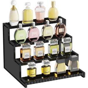 imageLifewit 4 Tier Clear Display Riser Stand with Decorative Secure Fences Toolfree Assembly Plastic 12 Inch Perfume Organizer Display for Figures Cupcake Dessert 1packBlack