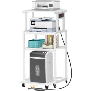 imageLifewit 4 Tier Printer Stand with 3 Power Outlets Wheels and Adjustable Storage Shelf for Home Office Rolling Printer Cart for Shredder Scanner Fax Rustic BrownWhite