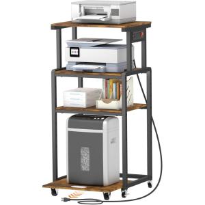 imageLifewit 4 Tier Printer Stand with 3 Power Outlets Wheels and Adjustable Storage Shelf for Home Office Rolling Printer Cart for Shredder Scanner Fax Rustic BrownRustic Brown