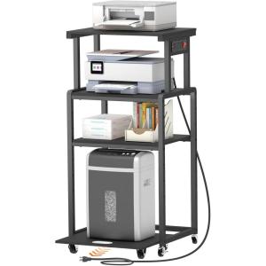 imageLifewit 4 Tier Printer Stand with 3 Power Outlets Wheels and Adjustable Storage Shelf for Home Office Rolling Printer Cart for Shredder Scanner Fax Rustic BrownBlack