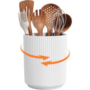 imageLifewit 75quot Plastic Utensil Holder for Kitchen Counter Cooking Silverware Caddy with NonSlip Rotating Base 3 Compartment Spoon Spatula Cutlery Flatware Organizer with Dry Draining White 1 PackWhite