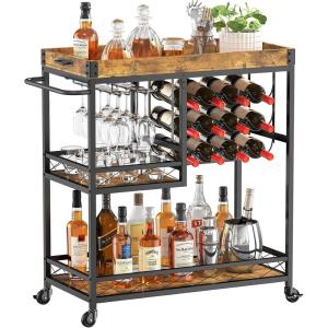 imageLifewit Bar Cart Home Bar Serving Cart 3 Tier Drink Cart with 12 Wine Bottle Racks Liquor Beverage Cart for Kitchen Dining Livingroom 315quot x 157quot x 366quot Removable Top Tray Rustic Brown