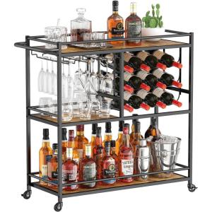 imageLifewit Bar Cart for The Home 3 Tier Drink Cart with Lockable Wheels 12 Wine Rack and 3 Rows Glass Holders Liquor Serving Cart for Kitchen Dining Livingroom 316quot x 131quot x 339quot GoldBlack