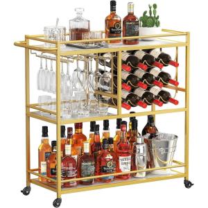imageLifewit Bar Cart for The Home 3 Tier Drink Cart with Lockable Wheels 12 Wine Rack and 3 Rows Glass Holders Liquor Serving Cart for Kitchen Dining Livingroom 316quot x 131quot x 339quot GoldGold