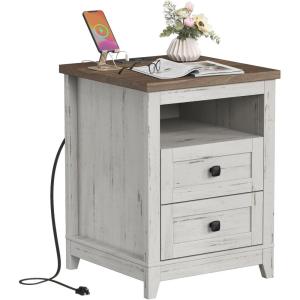 imageLifewit Farmhouse Nightstand with Power Outlets and USB Ports Bedside Table with 2 Drawers and 1 Open Storage Space Side Table End Table Night Stand for Bedroom Rustic White