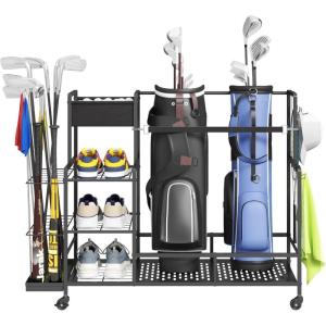imageLifewit Golf Bag Organizer Golf Bag Stand Golf Club Holder with Wheels 4 Removable Hooks Shoe Racks for Golf Equipment Accessories Golf Organizers and Storage for Garage Basement ShedMedium