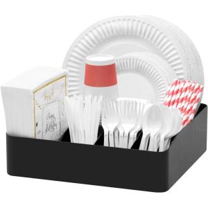 imageLifewit Paper Plate Organizer for Kitchen Countertop Plastic Silverware Caddy for Party Utensil Holder with 7 Compartment Cutlery Flatware Dispenser Box for Cup Spoon Fork Plate Napkin Black