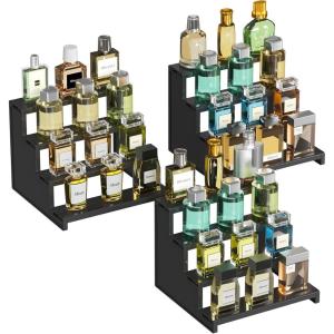 imageLifewit Plastic 12 Inch Dark Cologne Stand Step Perfume Organizer Toolfree Assembly Display Stand Shelf for Fragrance Skincare Figurine Dessert Use for Vanity Tabletop Cabinet 1Set3