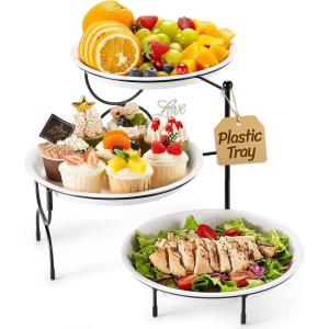 imageLifewit Plastic 3 Tier Serving Tray Platter for Party Entertaining 10quot  10quot Large Dessert Table Display Set White Reusable Round Dishes with Gold Metal Display Stand for Veggie Fruit CookiesBlack